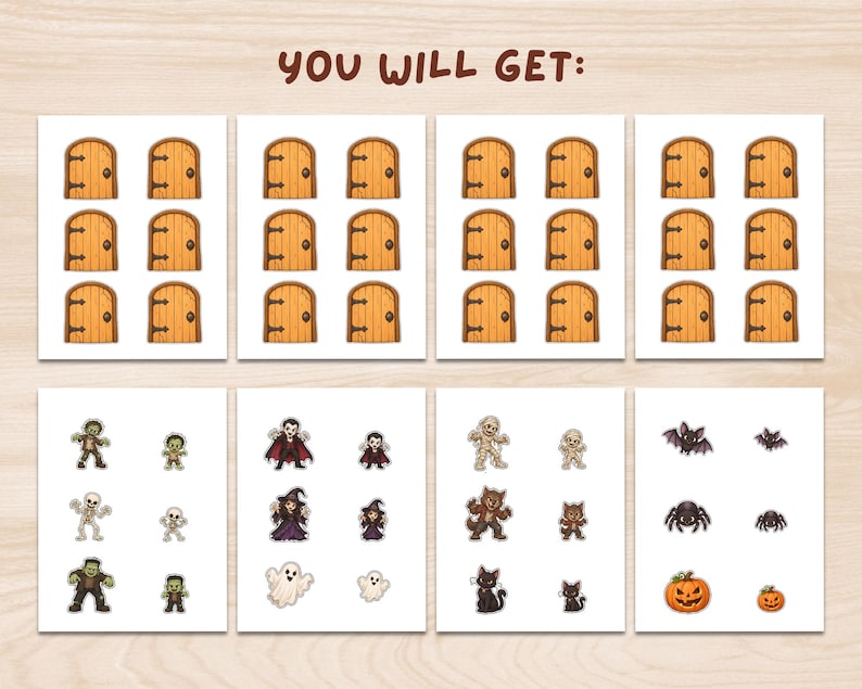 May include: A digital sheet with the text YOU WILL GET: featuring eight sections of illustrations. The top four sections contain rows of brown wooden arched doors. The bottom four sections display various Halloween characters like zombies, skeletons, vampires, witches, ghosts, mummies, werewolves, cats, bats, spiders, and pumpkins.