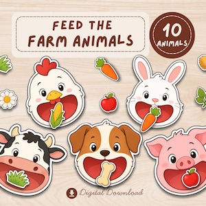 May include: A digital download set titled FEED THE FARM ANIMALS featuring 10 animals. The graphic includes cartoon illustrations of a chicken, rabbit, cow, dog, and pig with open mouths, along with food items like corn, carrots, apples, and grass.