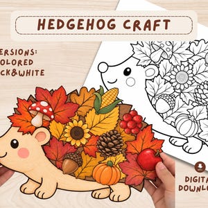 Puede incluir: Un archivo digital para manualidades de erizo con dos versiones: una ilustración a color y una página para colorear en blanco y negro. El erizo está decorado con elementos otoñales como hojas de arce, una seta, girasol, piña y calabaza.