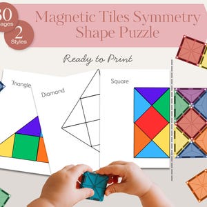 Könnte beinhalten: Ein magnetisches Kachel-Symmetrie-Form-Puzzle mit 30 Bildern und 2 Stilen. Das Bild zeigt die Hände eines Kindes, das eine blaue Magnetkachel hält. Das Puzzle enthält Dreiecks-, Diamanten- und Quadratformen.