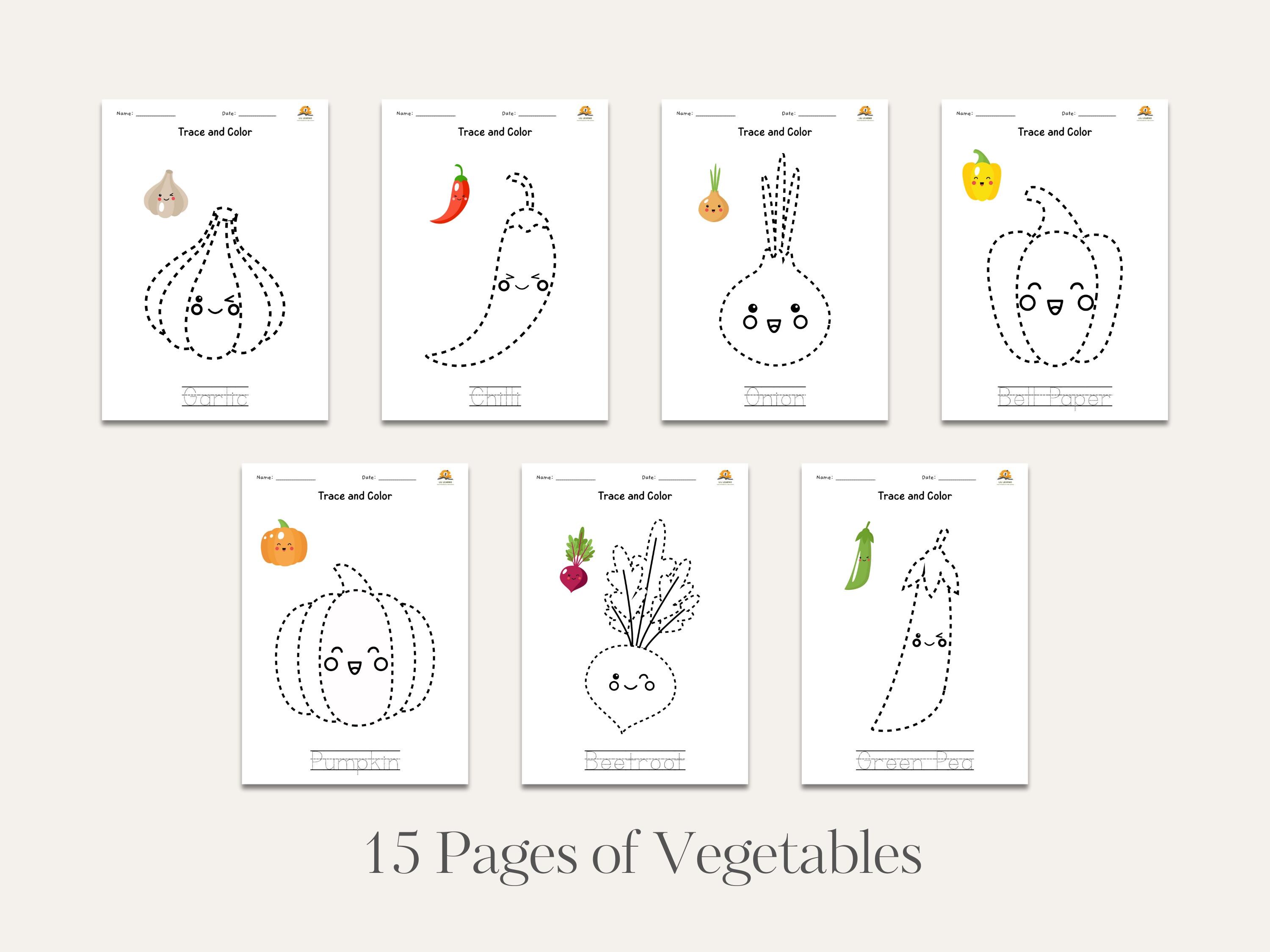 Fruits & Vegetables Tracing and Coloring Pages: Preschool Learning (PDF ...
