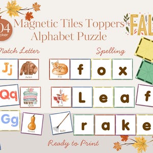 Peut inclure: Un puzzle éducatif de l'alphabet avec des tuiles magnétiques. L'image présente des illustrations d'une veste, d'un renard, d'une couette, d'une feuille, d'une courge et d'un râteau. Le texte dit "Magnetic Tiles Toppers Alphabet Puzzle" et "Ready to Print".