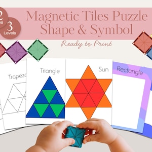Op de afbeelding: Educatieve printbare set met geometrische vormen en symbolen. De afbeelding toont kleurrijke magnetische tegels en flashcards met vormen zoals driehoeken, vierkanten en zeshoeken. De tekst op de afbeelding luidt "Magnetic Tiles Puzzle Shape & Symbol" en "Ready to Print".