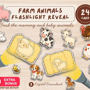 Może przedstawiać: Cyfrowy zestaw do pobrania zatytułowany Farm Animals Flashlight Reveal z 24 kartami. Projekt przedstawia rysunkowe zwierzęta gospodarskie, w tym świnię, krowę, kozę, indyka, kurczaka, owcę, psa, osła, pszczołę i kaczątko, z dwiema latarkami oświetlającymi bele siana.