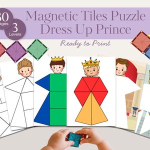 May include: A children's magnetic tiles puzzle set titled "Magnetic Tiles Puzzle Dress Up Prince". The set includes 30 pages and 3 levels. The image shows illustrations of a prince being dressed with colorful geometric shapes.