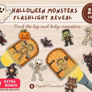 May include: A Halloween Monsters Flashlight Reveal set with 24 cards featuring cartoon illustrations of a ghost, vampire, pumpkin, bat, Frankenstein, mummy, witch, skeleton, cat, and werewolf, plus two flashlights revealing hidden monster images.