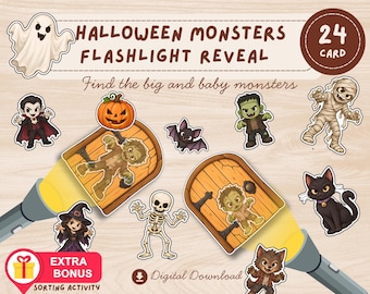 May include: A Halloween Monsters Flashlight Reveal set with 24 cards featuring cartoon illustrations of a ghost, vampire, pumpkin, bat, Frankenstein, mummy, witch, skeleton, cat, and werewolf, plus two flashlights revealing hidden monster images.