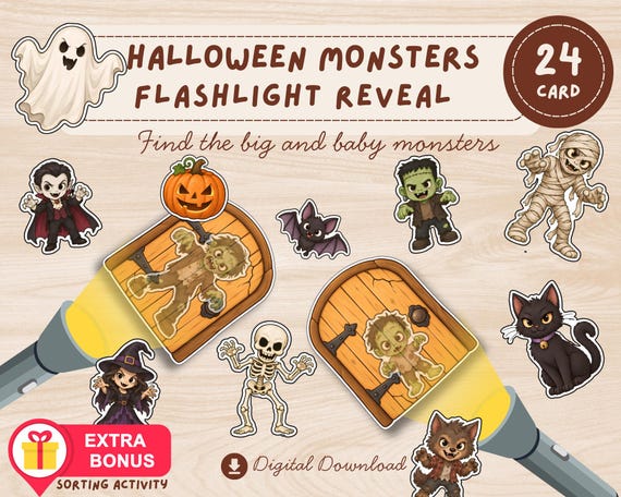Flashlight Activity | Halloween Monster Reveal Game | Preschool Halloween Printable | Big & Baby Monster Matching