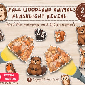 May include: A set of 24 Fall Woodland Animals Flashlight Reveal cards featuring illustrations of a hedgehog, raccoon, skunk, squirrel, bear, deer, robin, owl, beaver, and foxes hidden in leaves, with two flashlights and a bonus sorting activity.