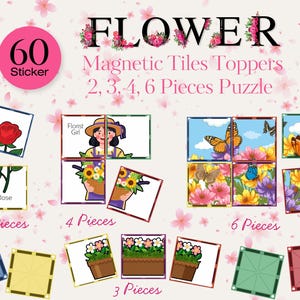 Peut inclure: Ensemble de toppers magnétiques sur le thème des fleurs et du jardin. L'ensemble comprend des puzzles de 2, 3, 4 et 6 pièces, avec des images de roses, de tournesols, de papillons et d'une jeune fleuriste. Un autocollant rose indique "60".