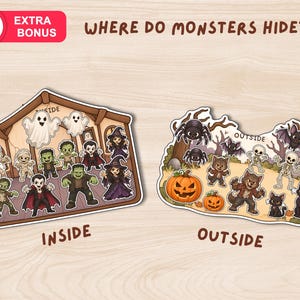 May include: Two illustrated sticker sheets titled Where Do Monsters Hide? featuring cartoon characters. The left sheet labeled Inside shows ghosts, mummies, zombies, vampires, and witches. The right sheet labeled Outside shows spiders, bats, pumpkins, werewolves, skeletons, and black cats.