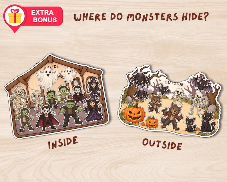 May include: Two illustrated sticker sheets titled Where Do Monsters Hide? featuring cartoon characters. The left sheet labeled Inside shows ghosts, mummies, zombies, vampires, and witches. The right sheet labeled Outside shows spiders, bats, pumpkins, werewolves, skeletons, and black cats.