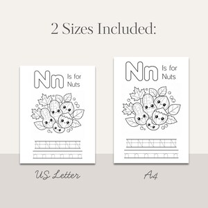 May include: Two printable worksheets for learning the letter "N". Each worksheet features the text "Nn Is for Nuts" with a cute illustration of nuts and leaves. Includes US Letter and A4 sizes.