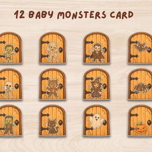 May include: A set of 12 Baby Monsters Card stickers featuring illustrations of a zombie, mummy, vampire, bat, skeleton, werewolf, witch, spider, Frankenstein's monster, black cat, ghost, and pumpkin, each centered on a wooden door design.
