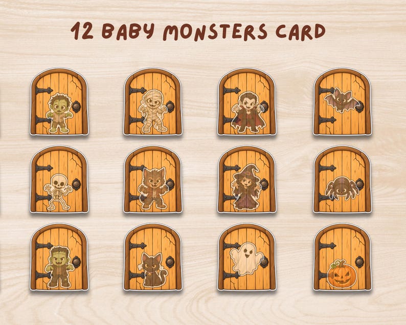 May include: A set of 12 Baby Monsters Card stickers featuring illustrations of a zombie, mummy, vampire, bat, skeleton, werewolf, witch, spider, Frankenstein's monster, black cat, ghost, and pumpkin, each centered on a wooden door design.