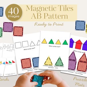 May include: Educational set featuring "Magnetic Tiles AB Pattern" with 40 images. Includes puzzle mats and cards with shape and color patterns. The image shows a child's hands holding a blue magnetic tile. Ready to print.