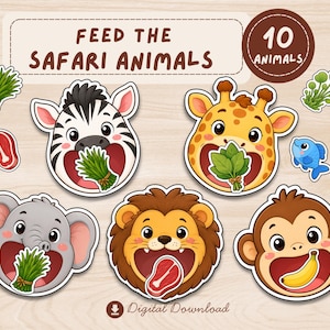 Könnte beinhalten: Ein digitales Download-Set mit Cartoon-Tierköpfen, darunter ein Zebra, eine Giraffe, ein Elefant, ein Löwe und ein Affe mit geöffneten Mäulern. Der Text lautet Feed the Safari Animals und 10 Animals, ergänzt durch kleine Symbole für Gras, Fleisch, Fisch und Bananen.