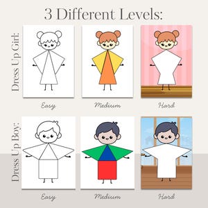 May include: Educational game featuring six cards with illustrations of figures to dress up. The cards are divided into three levels of difficulty: easy, medium, and hard. The text "Dress Up Girl" and "Dress Up Boy" are also included.