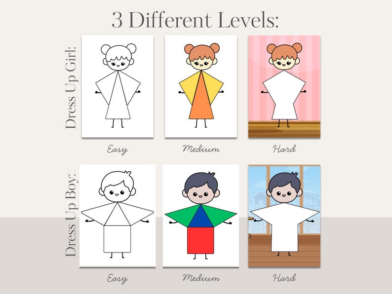 May include: Educational game featuring six cards with illustrations of figures to dress up. The cards are divided into three levels of difficulty: easy, medium, and hard. The text "Dress Up Girl" and "Dress Up Boy" are also included.
