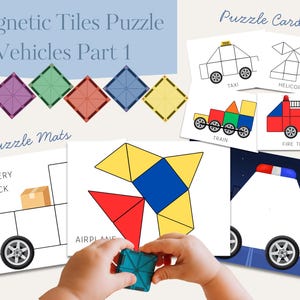 Könnte beinhalten: Ein pädagogisches Spielzeugset für Kinder mit Magnetfliesen und Fahrzeug-Puzzlekarten. Das Set enthält farbenfrohe geometrische Fliesen und Illustrationen eines Taxis, Hubschraubers, Zuges, Feuerwehrautos, Lieferwagens und Flugzeugs.
