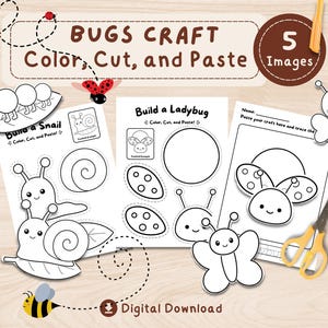 Puede incluir: Colección de actividades de manualidades imprimibles con temática de insectos. La imagen presenta páginas con contornos de un caracol, una mariquita, una mariposa y una abeja, diseñadas para colorear, cortar y pegar. El título dice "BUGS CRAFT Color, Cut, and Paste".