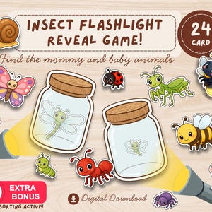 May include: An insect flashlight reveal game with 24 cards featuring cartoon illustrations of a snail, butterfly, ladybug, mantis, bee, ant, worm, and spider. Two glass jars with wooden lids are shown with flashlights shining yellow light beams.