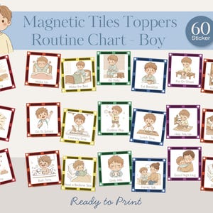 May include: A set of 20 illustrated magnetic tiles for a boy's daily routine. Each tile features a different activity, such as "Wake Up," "Go to School," and "Nap Time." The tiles are framed in various colors and include the text "Magnetic Tiles Toppers Routine Chart - Boy."