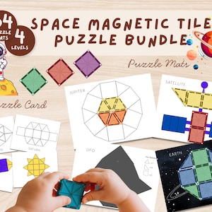 Könnte beinhalten: Ein Weltraum-Magnetfliesen-Puzzle-Set mit 64 Puzzlematten in 4 Schwierigkeitsstufen. Das Set enthält bedruckte Karten mit Vorlagen zum Nachbauen von Formen wie Jupiter, einem Satelliten, einem Asteroiden, Saturn, einer Rakete und einem UFO.