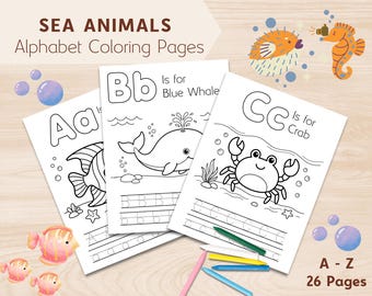 Coloriages de l'alphabet des animaux marins de A à Z | Activité imprimable du programme d'études préscolaire | Coloriages pour enfants | Activité estivale sur l'océan