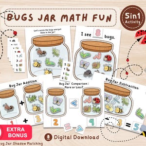 Puede incluir: Un conjunto de actividades educativas 5 en 1 Bugs Jar Math Fun que incluye hojas de trabajo imprimibles con ilustraciones de frascos, insectos y números. Las páginas incluyen ejercicios de suma, resta y comparación con gráficos de insectos.