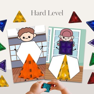May include: A children's educational game featuring colorful magnetic tiles and illustrations. The image shows a child's hands holding a blue square tile. The text "Hard Level" is at the top. The game includes various colored triangles and illustrations of cartoon characters.