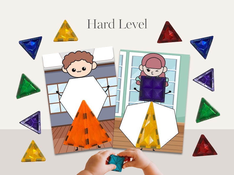 May include: A children's educational game featuring colorful magnetic tiles and illustrations. The image shows a child's hands holding a blue square tile. The text "Hard Level" is at the top. The game includes various colored triangles and illustrations of cartoon characters.