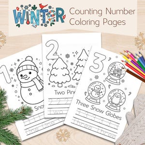 May include: Winter-themed counting number coloring pages. The pages feature outlines of a snowman, pine trees, and snow globes. The text "Winter" is at the top, along with the words "Counting Number Coloring Pages". A bundle of colored pencils and a pair of mittens are also visible.