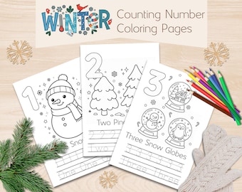 Winter Counting Number Coloring Pages | Toddler Worksheets for Fine Motor Skills & Handwriting Practice | Montessori Math Worksheets