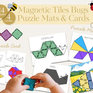 Op de afbeelding: Een set magnetische tegels en puzzelkaarten met insectenthema's. De afbeelding toont verschillende puzzels, waaronder een rups, vlinder, bij en slak, met de tekst "Magnetic Tiles Bugs Puzzle Mats & Cards". De set bevat 24 afbeeldingen en 4 niveaus.