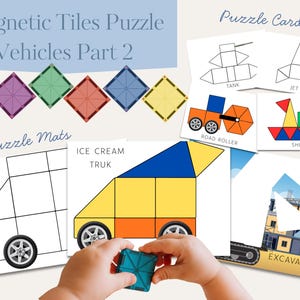 Könnte beinhalten: Magnetisches Puzzlespiel mit Fahrzeugdesigns. Enthält Puzzleteile und Karten mit Illustrationen eines Müllwagens, eines Eiswagens, eines Panzers, eines Jets, einer Walze, eines Schiffs und eines Baggers. Ein Kind hält einen Magnetstein.