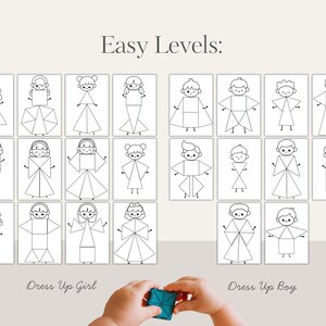 May include: A set of illustrated cards with geometric shapes forming dress-up figures. The text "Easy Levels" is at the top, with "Dress Up Girl" and "Dress Up Boy" at the bottom. The illustrations are in black and white.