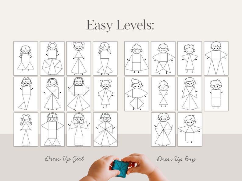 May include: A set of illustrated cards with geometric shapes forming dress-up figures. The text "Easy Levels" is at the top, with "Dress Up Girl" and "Dress Up Boy" at the bottom. The illustrations are in black and white.