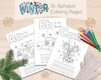 Winter Alphabet Coloring Pages A–Z | Montessori Handwriting Practice | Preschool & Kindergarten Printable Worksheets