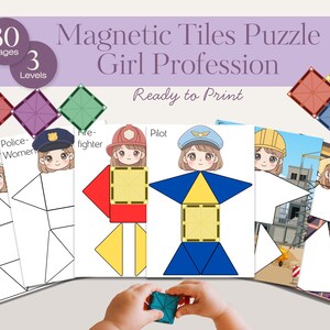 May include: A set of printable magnetic tiles puzzles featuring various professions for girls. The puzzles include images of a doctor, police officer, firefighter, and pilot. The set includes 30 pages and 3 levels. The text "Magnetic Tiles Puzzle Girl Profession" is visible.