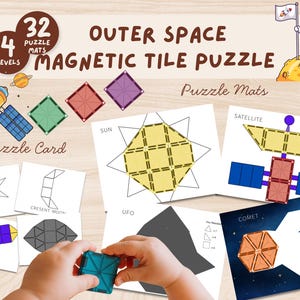 Peut inclure: Ensemble de puzzle magnétique Outer Space comprenant 32 tapis de puzzle sur 4 niveaux. Inclut des cartes illustrées montrant des formes comme un soleil, un satellite, une fusée et une comète, avec des tuiles magnétiques pour construire.