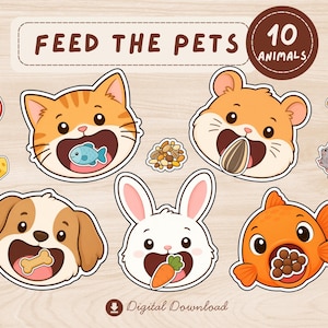 May include: A digital download set titled FEED THE PETS 10 ANIMALS featuring cartoon illustrations of a cat eating a fish, a hamster with a sunflower seed, a dog with a bone, a rabbit with a carrot, and a fish with food pellets, plus small food icons.