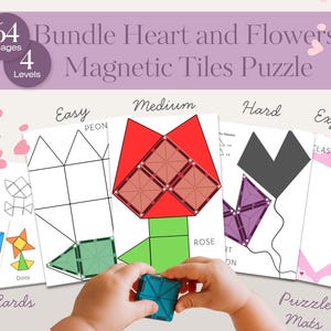 Könnte beinhalten: Ein Bundle aus Herz- und Blumen-Magnetfliesen-Puzzles mit 64 Bildern und 4 Schwierigkeitsstufen. Das Bild zeigt Puzzleteile mit unterschiedlichen Schwierigkeitsgraden, von leicht bis schwer, und Karten mit verschiedenen Designs. Eine Kinderhand hält eine blaue Magnetfliese.
