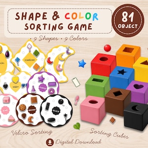 May include: A shape and color sorting game digital download featuring 81 objects, 9 shapes, and 9 colors. The set includes circular sorting mats with Velcro labels and colorful sorting cubes with various geometric cutouts for educational play.