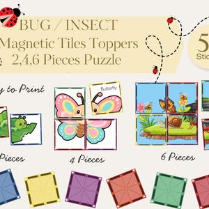 Könnte beinhalten: Ein Set bedruckbarer magnetischer Kachel-Topper mit Insektenillustrationen. Die Puzzlesets umfassen Optionen für 2, 4 und 6 Teile, mit 54 Aufklebern. Die Designs zeigen bunte Schmetterlinge, Raupen und andere Insekten.