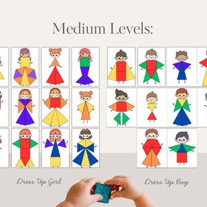 May include: A set of cards with geometric shapes arranged to resemble people. The cards are labeled "Medium Levels" and "Dress Up Girl" and "Dress Up Boy". The figures are in various colors, including red, yellow, blue, and green.