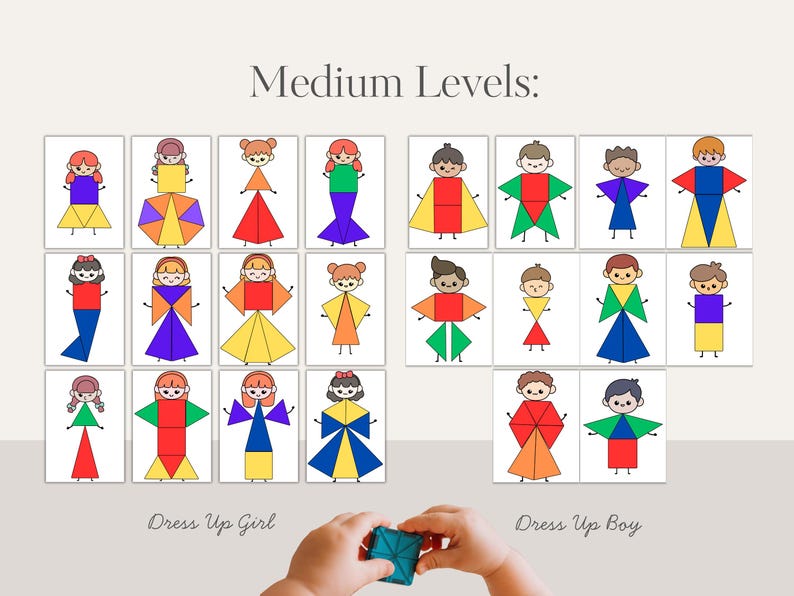 May include: A set of cards with geometric shapes arranged to resemble people. The cards are labeled "Medium Levels" and "Dress Up Girl" and "Dress Up Boy". The figures are in various colors, including red, yellow, blue, and green.