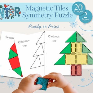 Könnte beinhalten: Ein magnetisches Kachel-Symmetrie-Puzzle zum Thema Winter. Das Bild zeigt die Hände eines Kindes, das eine blaue Magnetkachel hält. Das Puzzle enthält Bilder eines Kranzes und eines Weihnachtsbaums. Der Text lautet "Magnetic Tiles Symmetry Puzzle" und "Ready to Print".