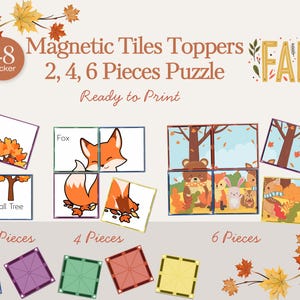 Op de afbeelding: Magnetische tegeltoppers met herfstthema-illustraties. De set bevat puzzels met 2, 4 en 6 stukjes, met afbeeldingen van een vos, bomen en bosdieren. Het woord "FALL" wordt weergegeven in decoratieve letters.