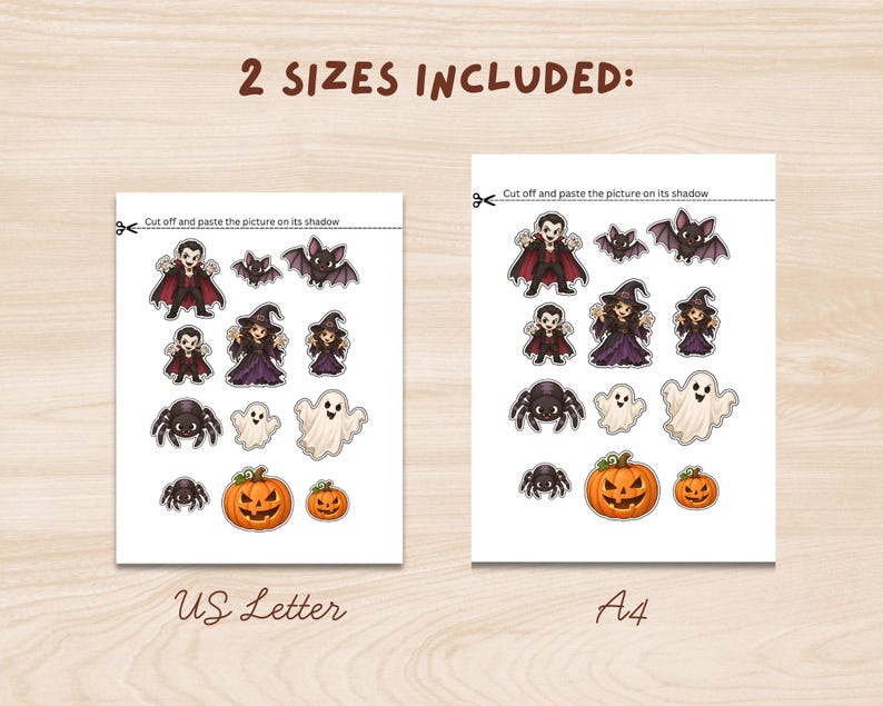 May include: Two printable activity sheets labeled US Letter and A4, each featuring Halloween-themed cutouts of vampires, bats, witches, spiders, ghosts, and pumpkins. The text at the top of each sheet reads: 2 SIZES INCLUDED: Cut off and paste the picture on its shadow.